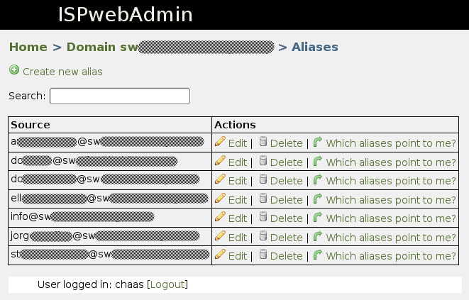 Interface de gestion des alias