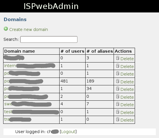 Interface de gestion des domaines